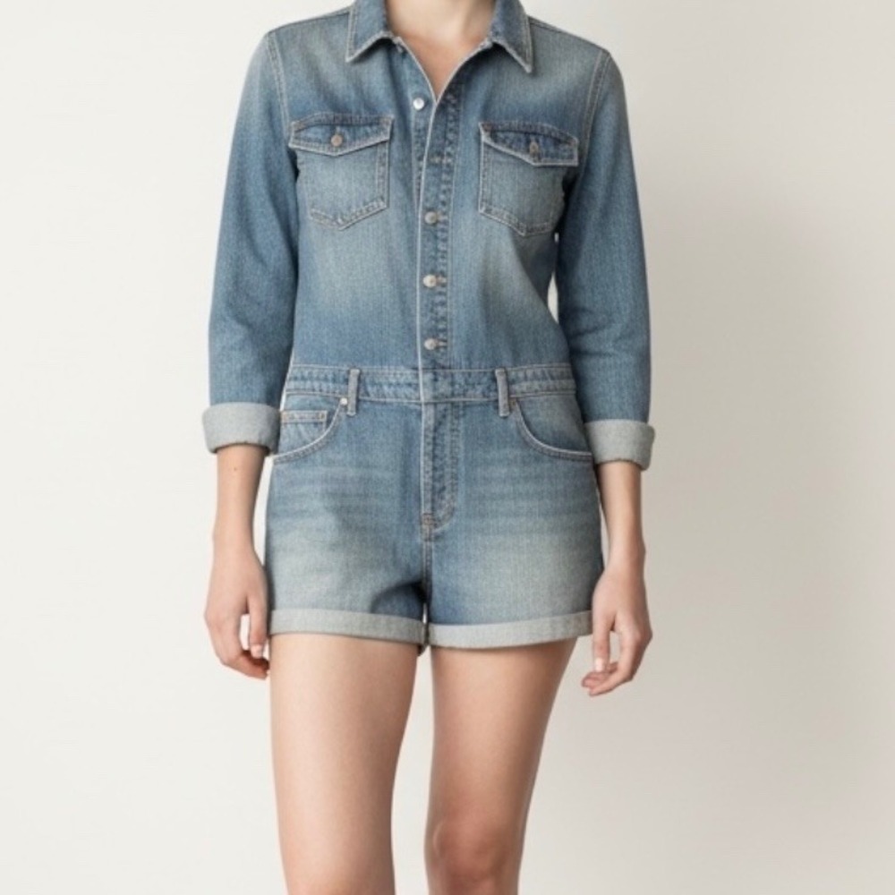GRLFRND NWT Rosie Denim Romper Long Sleeve Button Front Shorts Festival Chic Med